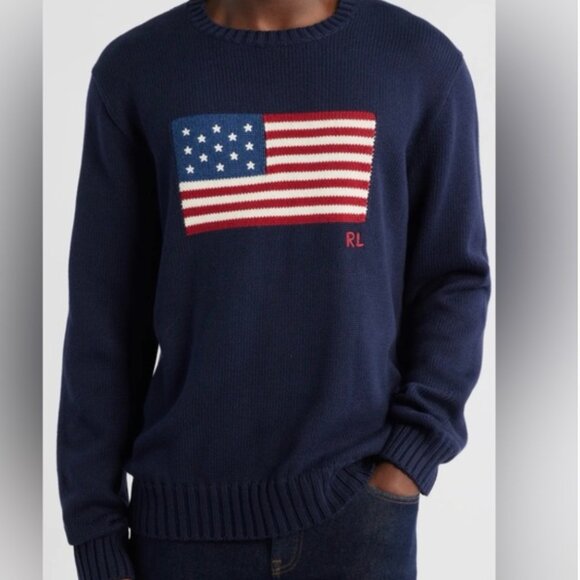 Polo Ralph Lauren The Iconic Flag American Cotton Crewneck Sweater Navy Size XXL